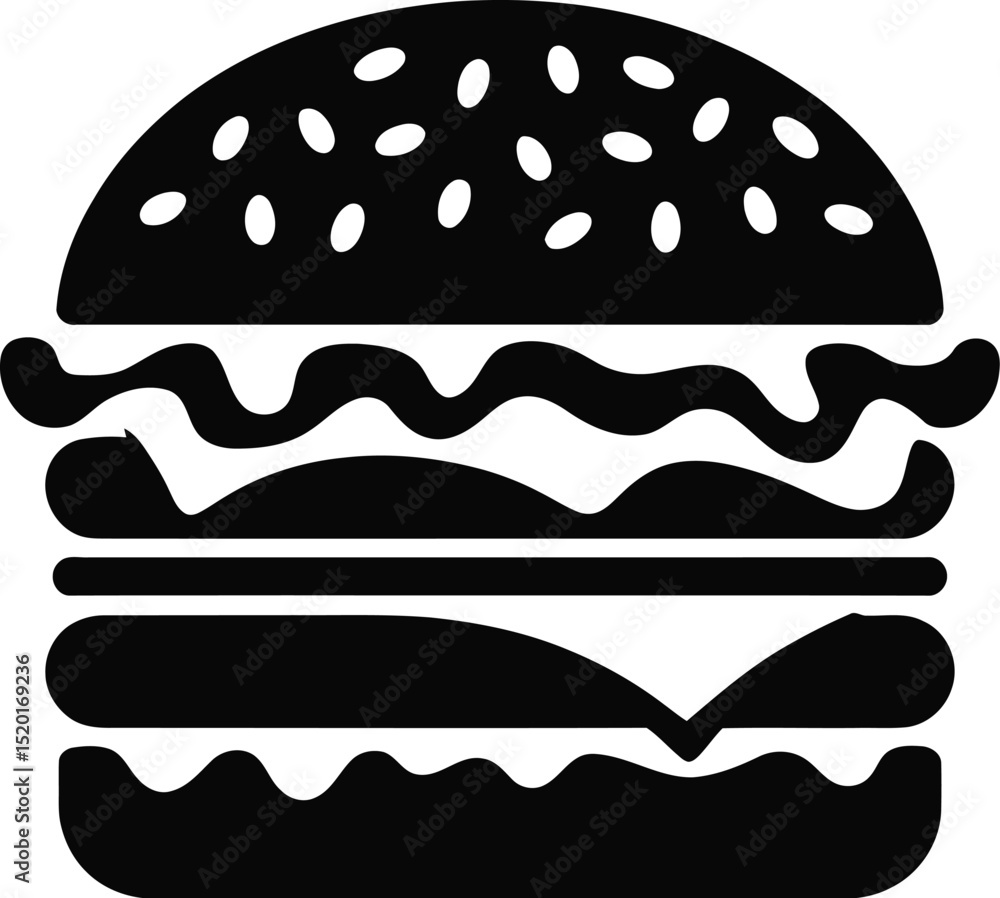 A black and white graphic illustration of a burger on a plain white background A black and white graphic illustration of a burger on a plain white background