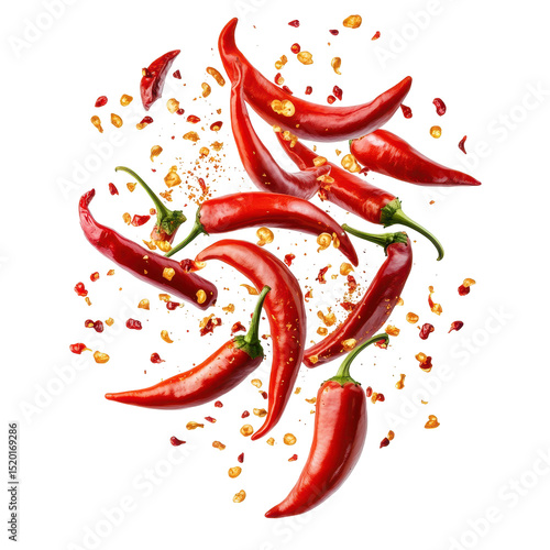 Vivid red chili peppers arranged with scattered chili flakes creating a vibrant culinary display