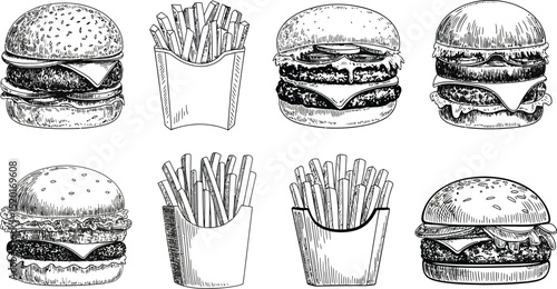 Sketch style illustration of burgers and fries in various arrangements on white