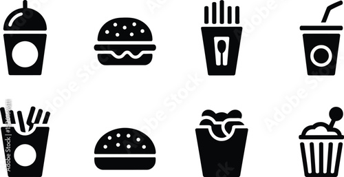 Illustration of various fast food items including burgers fries and drinks in black