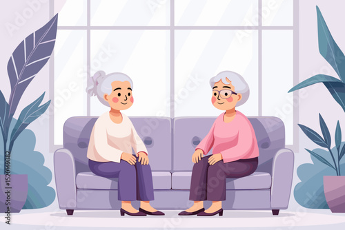 Two elderly women happily talking on a cozy sofa in a bright room with houseplants