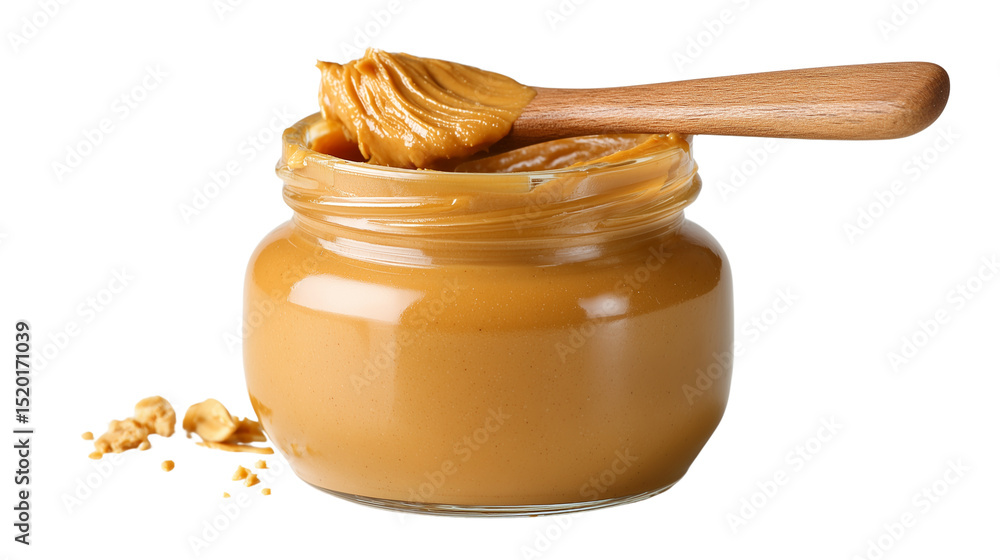 Creamy peanut butter in glass jar with wooden spoon on white background Creamy peanut butter in glass jar with wooden spoon on white background