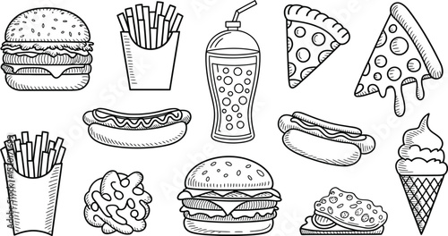 A black and white sketch of assorted fast food items including burgers and pizza slices
