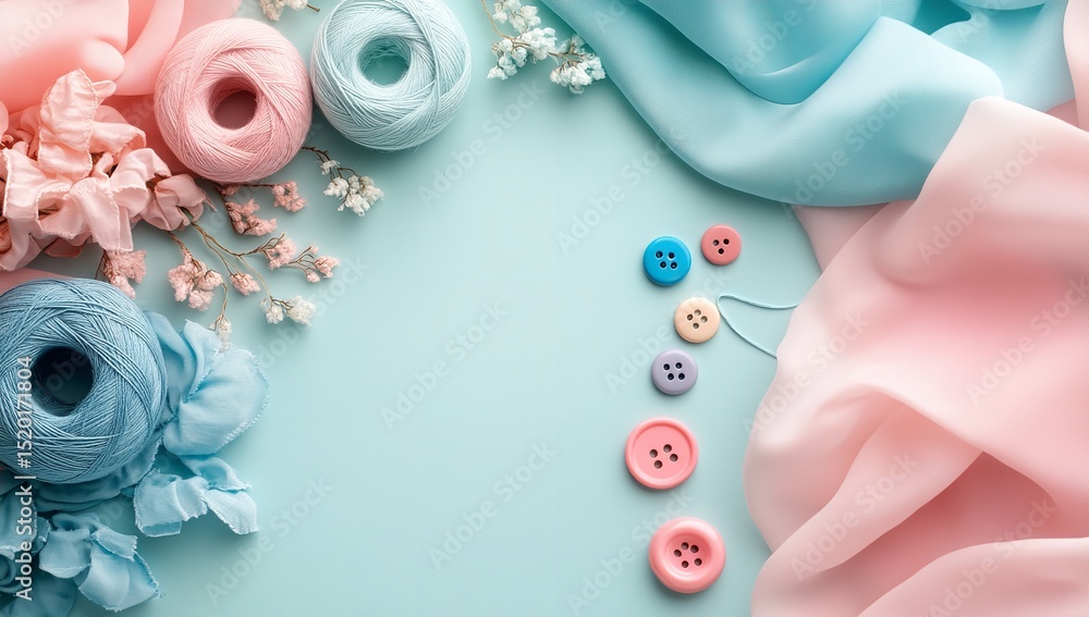 Pastel-colored buttons and sewing materials arranged on fabric, showcasing tailoring art Pastel-colored buttons and sewing materials arranged on fabric, showcasing tailoring art