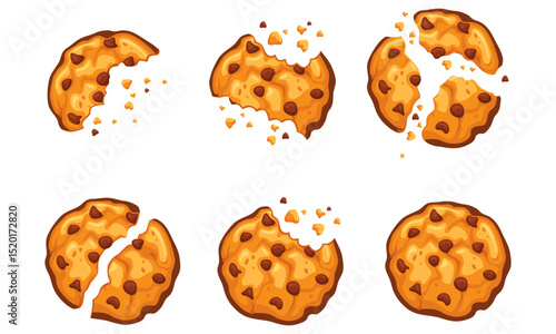 Chocolate chip cookies with crumbles bitten and broken. Cookies with crumbs vector set. Bitten cookie with chocolate chips cartoon illustration set.