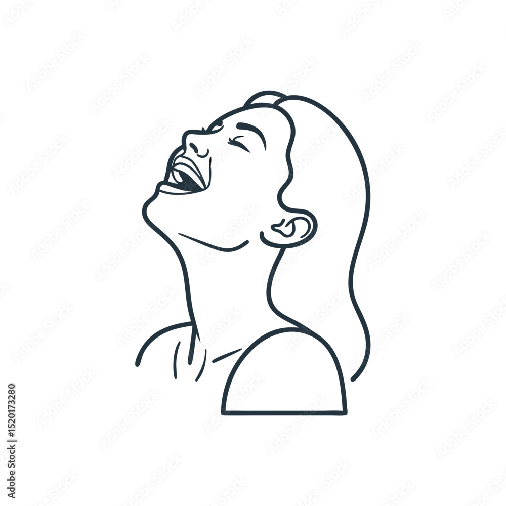 Young woman laughing with head tilted back in minimalist outline style Young woman laughing with head tilted back in minimalist outline style