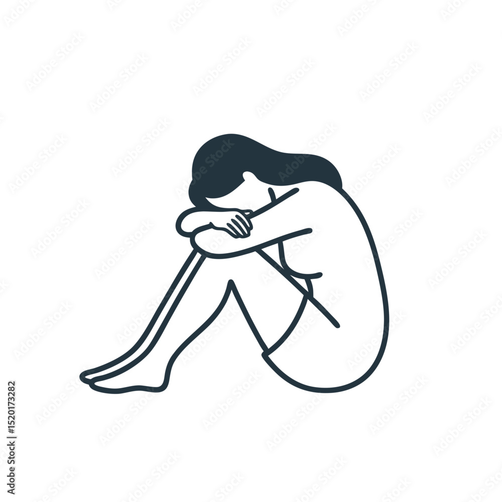Obraz premium Sad woman sitting with knees drawn to chest in minimalist style 