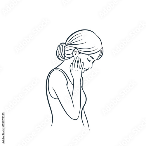 Line drawing of a woman touching her face with a contemplative expression  