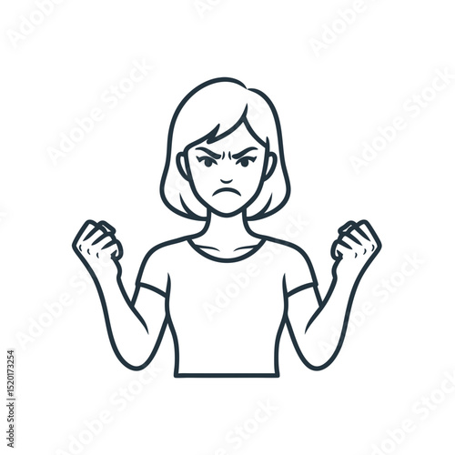 Angry woman expressing frustration with clenched fists in outline style  