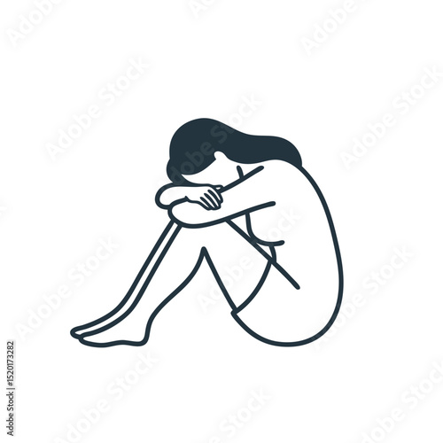 Sad woman sitting with knees drawn to chest in minimalist style  