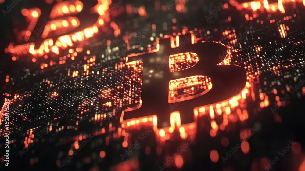 Digital Cryptocurrency Concept in Glowing Bitcoin Symbols and Data Digital Cryptocurrency Concept in Glowing Bitcoin Symbols and Data