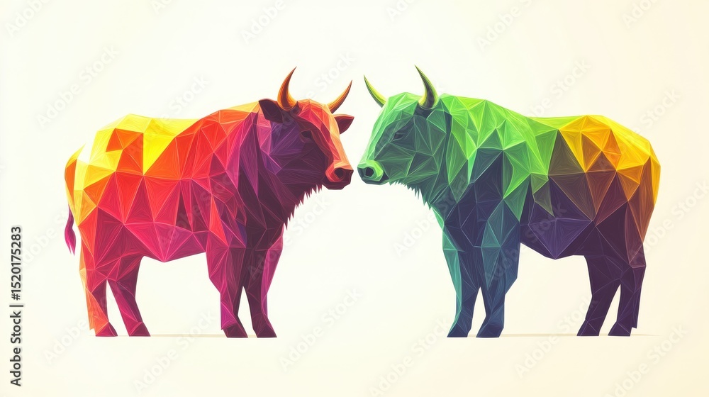 Obraz premium Colorful Low-Poly Art of Cows Facing Each Other in Vivid Colors