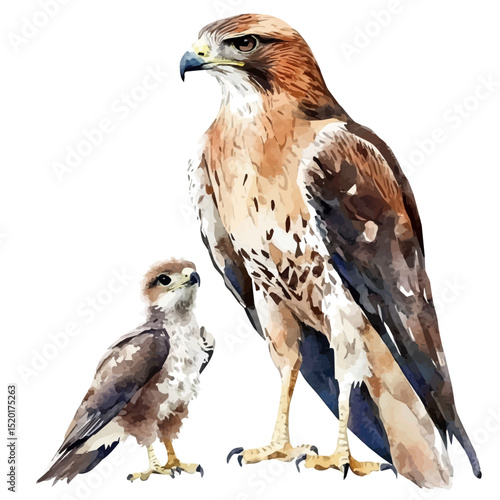 A Mother Hawk With Her Kid, watercolor drawing vector, high quality, isolated on a white background.