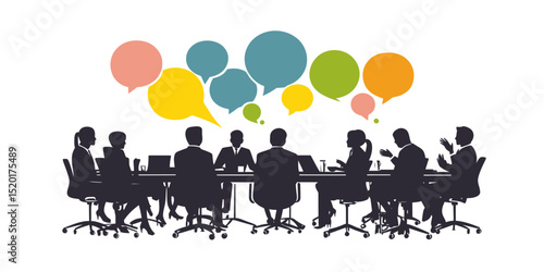 Silhouettes of diverse business people in formal attire sitting around conference table with colorful speech bubbles above symbolizing discussion and teamwork communication vector illustration
