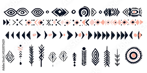 Hand drawn ethnic tribal border with geometric arrows, diamonds, chevrons, and folk motif patterns in minimal flat vector style for decorative design