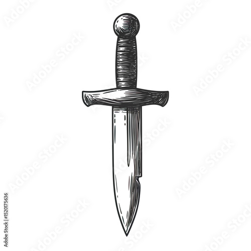 Hand drawn dagger knife with detailed blade and crossguard sketch isolated on white background vintage style ink drawing weapon illustration for medieval or fantasy design concept