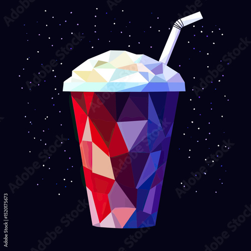 Low poly polygonal illustration of cold soft drink cup with straw and whipped cream top in starry night space background minimalist vector art design