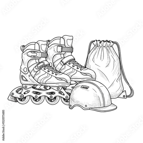 Inline skates and safety gear on white background