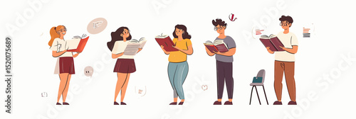 Diverse students studying together with books and digital gadgets in modern casual outfits flat vector illustration education concept