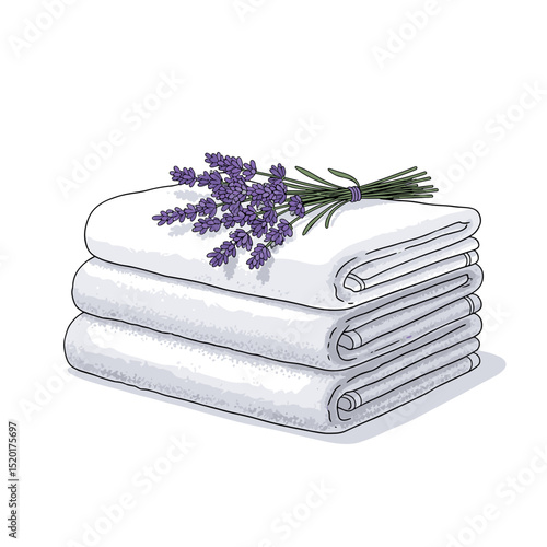 White towels stacked with lavender flowers on top