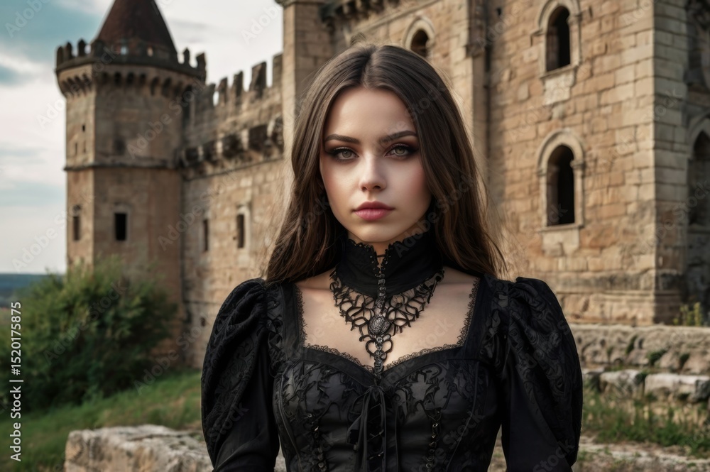 Fototapeta premium young brunette woman dressed in black gothic style clothes, ancient castle in far background