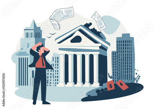 Frustrated businessman reacting to collapsing bank building with falling financial documents and dollar price tags in urban cityscape financial crisis concept flat vector illustration