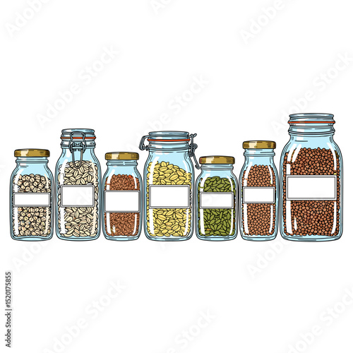 Glass jars with assorted grains and legumes in row