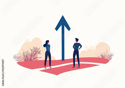 Business people standing at crossroad with large blue arrow pointing forward symbolizing career direction decision opportunity and challenge in flat minimalist style vector illustration