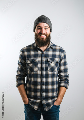 Young white man with beard and beanie smiles in flannel shirt, standing relaxed in a shadowless studio.