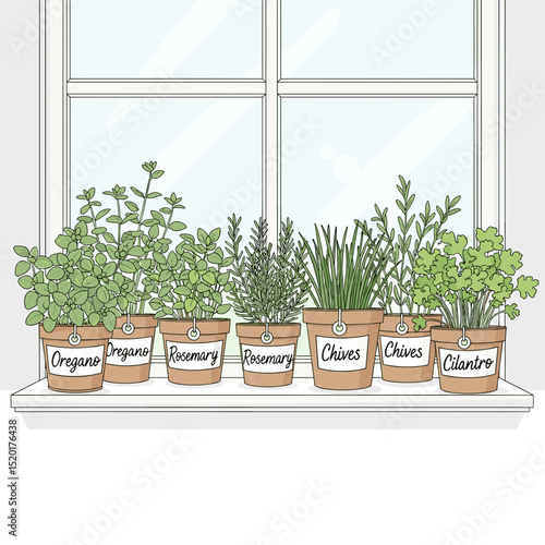 Herbs in pots on windowsill