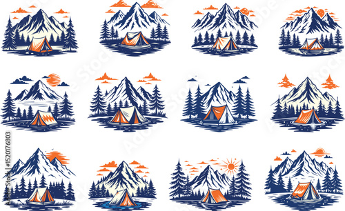 camping in the mountains landscape with pine trees badge design set vector illustration 
