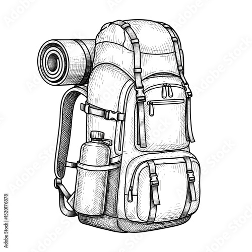 Hiking backpack with gear in black and white sketch style