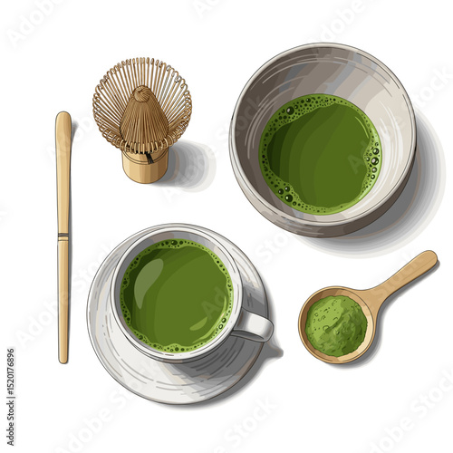 Matcha tea preparation with traditional tools and ingredients