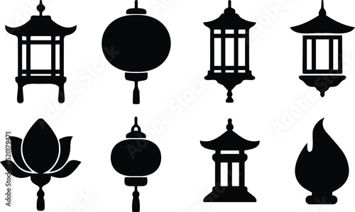 Decorative Asian lantern and pagoda silhouette icons for cultural festivals, traditional decor, and oriental celebration themes