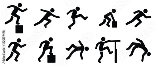 Dynamic parkour silhouette icon set showing acrobatic free-running poses in motion for fitness, agility, and extreme sports concepts
