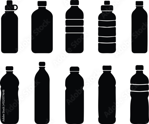 Silhouette plastic bottle icon set representing various drink containers, environmental concerns, and recycling awareness