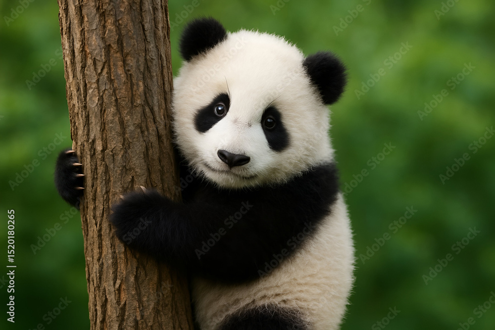 Obraz premium Cute Panda Cub Climbing a Tree in a Natural Habitat