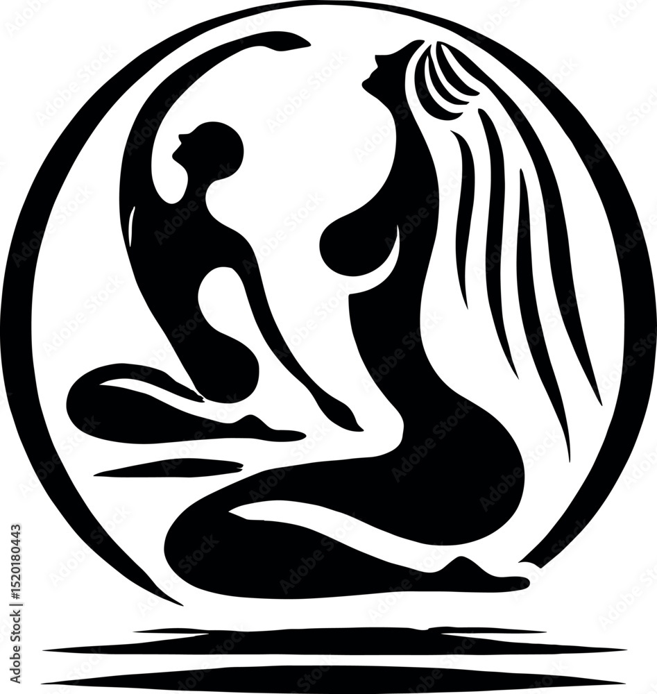 Naklejka premium Black-and-white minimalist illustration featuring elegant female silhouettes in a circle, connected by flowing lines symbolizing energy, with an oil drop silhouette subtly integrated into the design.