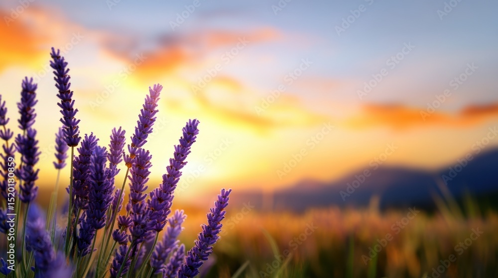 Lavender flowers thrive in a vibrant countryside during sunset, highlighting their purple hues against a warm, colorful sky with distant mountains adding depth to the scenery. Lavender flowers thrive in a vibrant countryside during sunset, highlighting their purple hues against a warm, colorful sky with distant mountains adding depth to the scenery.