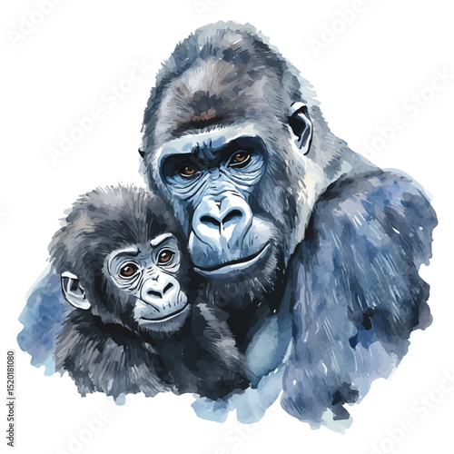 A Mother Gorilla With Her Kid, watercolor drawing vector, high quality, isolated on a white background.