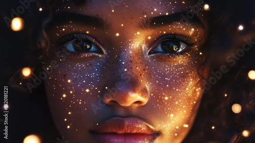 Close-up of a woman's face with glowing golden freckles and eyes.