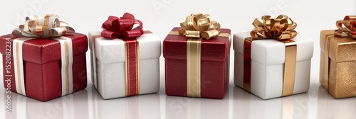 Different wrapped gift boxes with red, white, and gold ribbons, isolated on a pure white background. Christmas presents