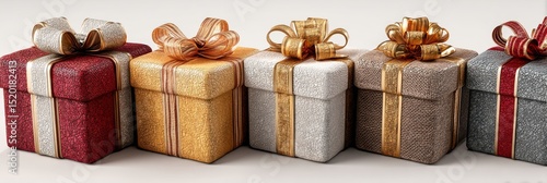 Different wrapped gift boxes with red, white, and gold ribbons, isolated on a pure white background. Christmas presents