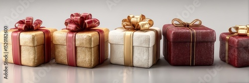 Different wrapped gift boxes with red, white, and gold ribbons, isolated on a pure white background. Christmas presents