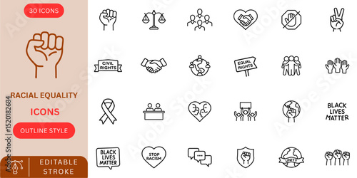 Racial Equality and Civil Rights Outline Icons Set