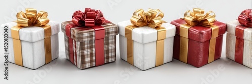 Different wrapped gift boxes with red, white, and gold ribbons, isolated on a pure white background. Christmas presents