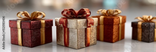 Different wrapped gift boxes with red, white, and gold ribbons, isolated on a pure white background. Christmas presents