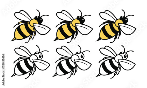 Vibrant and monochrome cartoon bee set