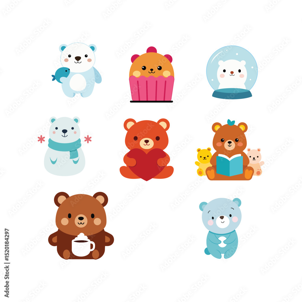 Cute Kawaii Bear Character Set Featuring Costumes, Props, and Expressions on Clean White Background Cute Kawaii Bear Character Set Featuring Costumes, Props, and Expressions on Clean White Background