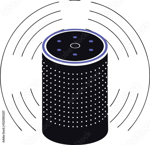 Smart speaker icon silhouette with sound waves showing modern technology and voice command